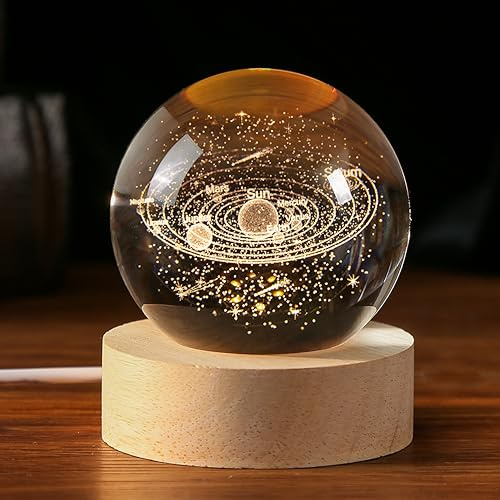 IFOLAINA 3D Solar System Crystal Ball Solar System Model Gifts Décor Glass Sphere Home Decor with Wooden Light Base