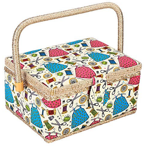 Respicefinem 3-Farbe Handwerk Nähen Tool Organizer Korb mit Polyester-Holz-Double-Layer-Design für eine Verbesserte Lagerung Komfortable Griff für Haushalt DIY-Näh-Projekte (Grün Handar