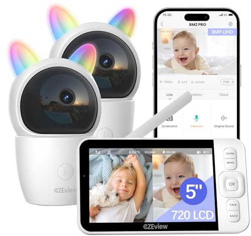 CZEview Babyphone mit 2 Kameras, 2K/5,0 HD WLAN Video Babyfon mit App, 360°, 4× Zoom, Nachtsicht, Automatische Verfolgung, Weinen/Bewegungs/Geräuscherkennung, Temperaturanzeige