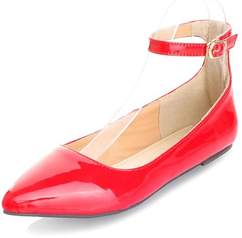 Renessmi Sweet Candy Color Pointed Toe Flat Heel Women Shoes Ankle Strap Mary Jane Lovely Patent Dolly Shoes Footwear Red Size 11.5 UK-50 CN