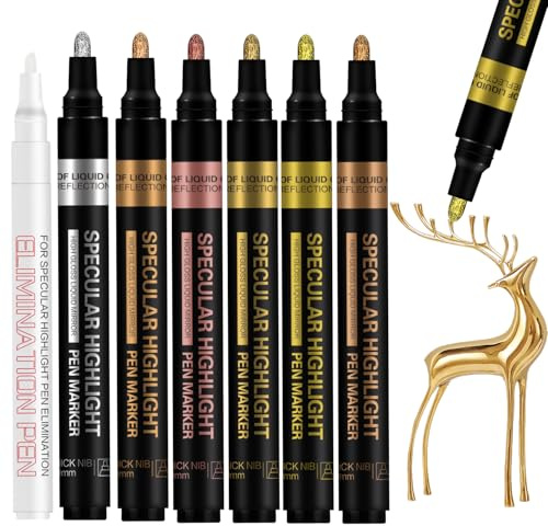 Alitastro Metallic Chrome Paint Pens, 7 Pack Liquid Chrome Markers Mirror Effect 6 Colors Permanent Liquid Mirror Pen & 1 Clean Pen for Model, Metal, Glass, Plastic Painting (3mm Medium Tip)
