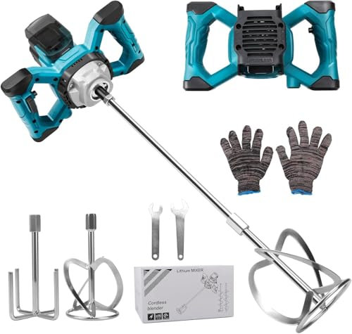 Miscelatore senza fili per vernice e calcestruzzo compatibile con batteria Makita 18 V, miscelatore elettrico a pagaia con 6 velocità, 2 fruste, per miscelare malta per mangimi (senza batteria)