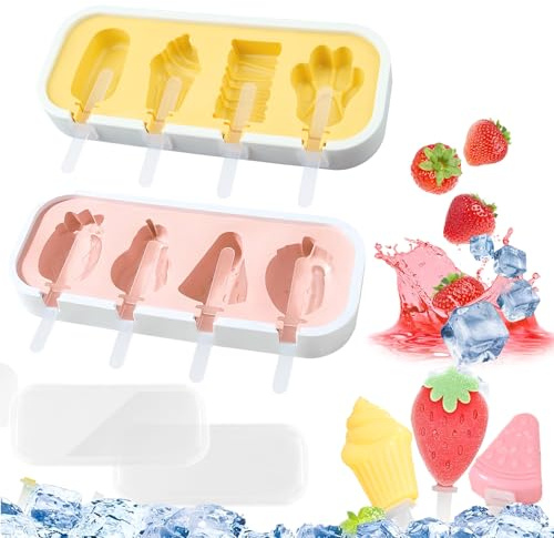 Xbessc 2 Pcs Stampi per Ghiaccioli in Silicone 8 Cavità Stampi per Gelato Riutilizzabili DIY Formine Ghiaccioli senza BPA con Coperchio e Bastoncini per Stecco Cioccolato,Sorbetti,Budino(Giallo,Rosa)