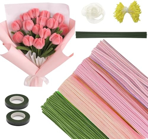 Pfeifenreiniger Blumen Set, 523 Stück Pfeifenputzer zum Basteln Tulip Blumen, Pfeifenreiniger Rosa, mit Grünem Bastelfaden, Geschenkband, Klebeband und Staubgefäße