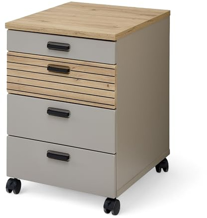 GLENN Rollcontainer Schreibtisch Basalt Artisan Eiche 45 x 66 x 55 cm | Mobiler Büroschrank, 4 geräumige Schubkästen, Lamellenoptik, 4 Rollen inklusive 2 Bremsen, abnehmbarer Sockel