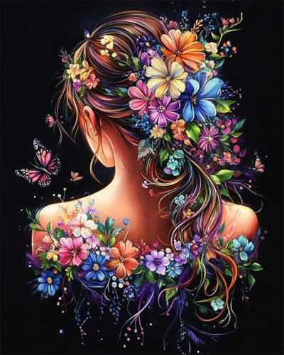 AYAOYANGGO Kreuzstich Set Fantasy-Mädchen Zurück Und Blumen Diy-Kreuzstich-Sets Für Erwachsene Mit Nadeln,Scheren-Einfädler,Vordruck Für Die Wanddekoration Zu Hause 11CT 40x50cm