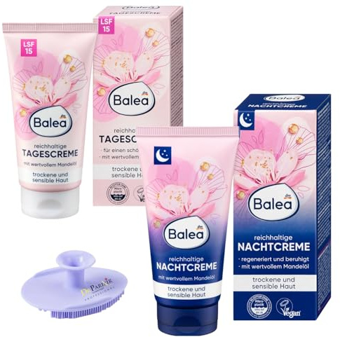 2er-Set Hautpflege: REICHHALTIGE Nachtcreme intensive Feuchtigkeit mit Mandelöl (50 ml) + Tagescreme intensive Feuchtigkeit mit Mandelöl (50 ml) LSF 15, 100ml + Bonus Silikonschwamm