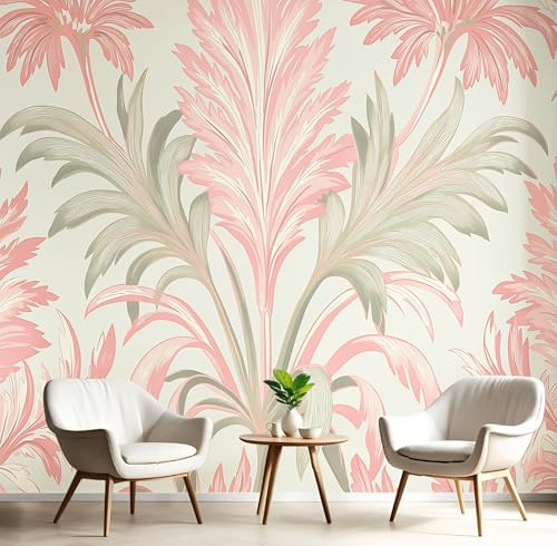 Papel Pintado 150x105cm Fotográfico Hojas De Palma Rojas Papel de Pared XXL Estilo Maquinista Póster Gigante de Mural Decoración De Pared para Sala Cuarto Oficina, Rosa