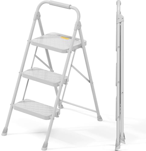 Kingrack Stegstege 3 steg, vikbar, hushållsstege, hopfällbar stege 3 steg, stege med säkerhetslås, halkfri pedal, bekväm ledstång, bärbar stegpall för kök, kontor, terrass (grå)