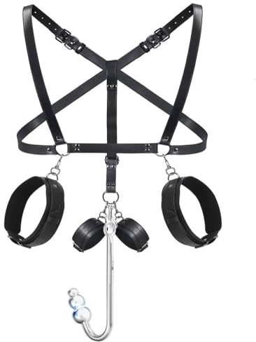 Set BDSM con gancho anal de tres bolas, arnés de bondage y esposas – Anal Hook metálico combinado con arnés corporal y accesorios de bondage, set fetiche para juegos de rol y parejas