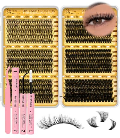 QUEWEL Faux-Cils, 580 PCS 6 styles Kit Extension Cils 10-18 mm (30D-100D) | D CURL Kit Faux Cils avec colle faux cils et pince à cils, Idéal pour les voyages, les mariages et le maquillage quotidien.