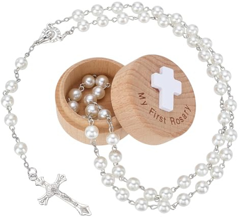 FINGERINSPIRE Mein Erster Rosenkranz Runde Erinnerungsbox Aus Holz Rosenkranzperlen Erstkommunion Weißer Rosenkranz 73cm Katholisches Geschenkset Tägliches Gebet Reisen Alltagskleidung Babyparty