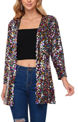YYPBI Damen Pailetten Jacke Glitzer Blazer Elegant Offene Vorne Langarm Pailetten Cardigan Festliche Strickjacke Party Club