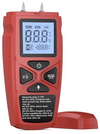 Garosa Humidimètre pour Bois, Thermomètre de Haute Précision avec écran LCD, Réponse Rapide et Conservation des Données pour les Menuisiers et les Charpentiers (rouge)