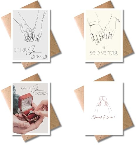 WBdesignz 4er-Set Verlobungskarten mit Umschlägen - Glückwunschkarten zur Verlobung - elegante Heiratsantrag Karten für verlobte Paare, Freunde, Familie - für Verlobungsfeiern & Hochzeiten (DIN A6)