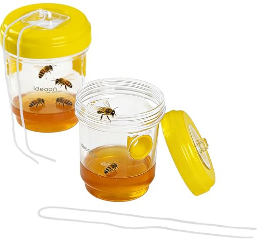 ideoon Wespenfalle & Fliegenfalle 2er Set zum Aufhängen oder Hinstellen, Giftfreie Insektenfalle Gelb, Wiederbefüllbar & Effektiv für Garten und Balkon