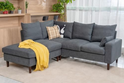 Panana Classic Fabric Linen Sofa & Chaise L Shape Corner Sofa Set with USB Charging Port (Grey,5 Seater)