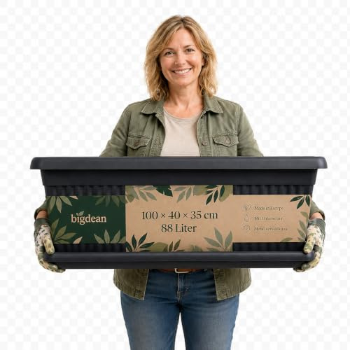 BigDean XXXL Blumenkübel 100×40×35cm 88 L Blumenkasten Blumentopf groß | Mediterranes Design, Lieferung inkl. Untersetzer, Farbe: Anthrazit, Pflanzkübel, XXXL, Extra-Groß, Pflanztopf, XL