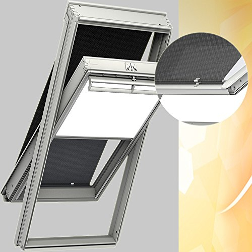 Original VELUX Vorteils-Set ( Verdunkelungs-Rollo + Hitzeschutz-Markise ) für GGL GHL GTL GPL GXL MK10 und GGU GHU GTU GPU GXU MK10 in Stofffarbe 1025 Weiss – Markise in 5060 schwarz, Seitenschienen in Silber / DOP MK10 1025S