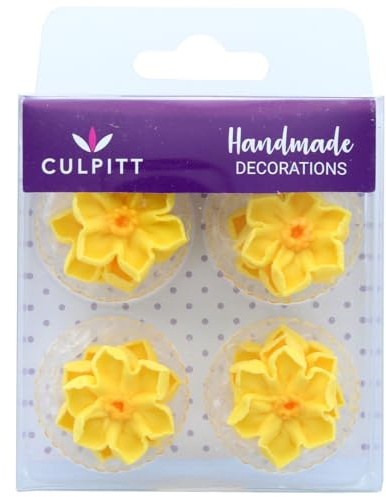 Culpitt Sugar Piping Daffodils, Hand Piped Royal Icing Sugar Decorations, Yellow - Pack of 12
