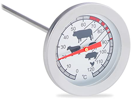 Relaxdays 10022814, Braten Grillthermometer, Edelstahl Fleischthermometer, 20 cm Einstichthermometer analog, Silber