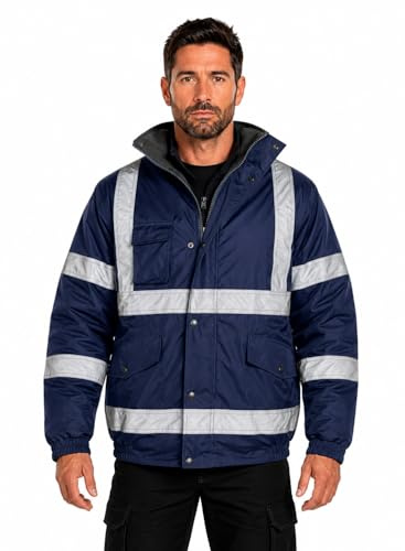 shelikes Men's Hi Vis Bomber Jacket Waterproof High Viz Workwear Coat Hooded Padded Security Safety Jacket with Pockets Reflective Tape & Fleece Lining