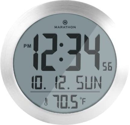 Marathon CL030069SS Horloge Murale numérique Ronde avec Date et température intérieure. Affichage de 16,5 cm avec Grands Chiffres de 6,35 cm. Support de Table Pliable et Piles incluses.