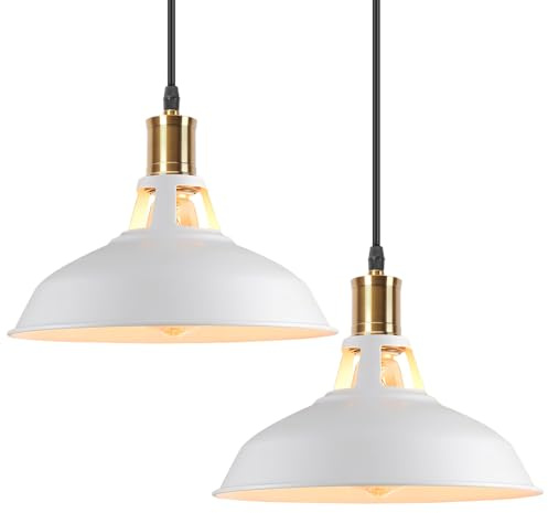 iDEGU Lot de 2 Suspension Luminaire Industrielle, 27CM Rétro Lustre Plafonnier en Métal E27 Éclairage de Plafond Vintage Lampe Suspension pour Cuisine Salon Salle à Manger Corridor Restaurant (Blanc)