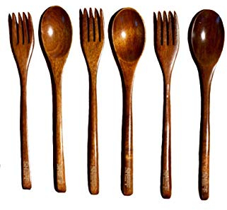 Eco Holzbesteck zum Essen - 6er Set - je 3 Holzlöffel und Gabeln - Naturkirschholz - Schlichtes aber elegantes Löffel- und Gabel Set - Holzbesteck Essbesteck - Holzgabel und Löffel