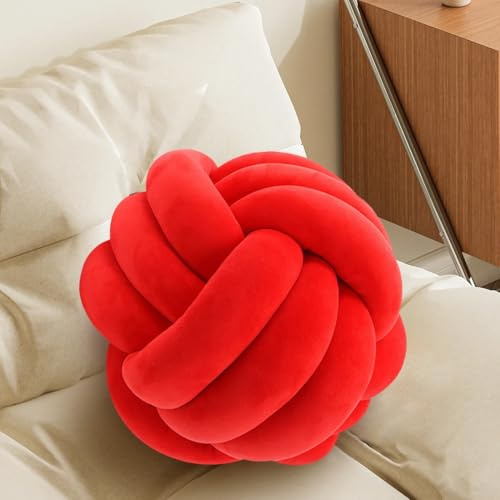Knot Pillow Ball, Handmade Decorative Throw Pillow, Soft Round Knotted Cushion for Couch & Bedroom, Cute Home Decor, Braided Pillow for Living Room (10.6 Inches, Red)