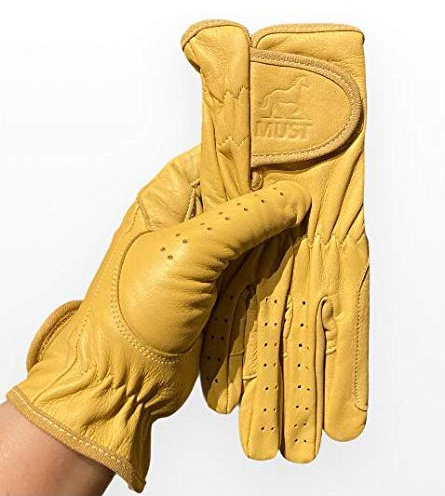 Gants d'équitation pour femme en cuir marron foncé et noir de qualité supérieure (beige/jaune) - Taille M