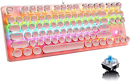 Ltvystore Mechanical Gaming Pink Keyboard,87 Key Retro Punk Typewriter-Style,Blue Switch RGB Backlit Keyboard,Anti-Ghosting, USB Wired, for PC Laptop Desktop Computer, for Game and Office