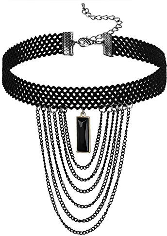 Gualiy Choker Gothic Halsband Damen Einstellbar Spitze Halsband Hohl Gritter Rechteck Form Tassel Kette Maskenspiel Kropfband Klassische Damenkette Gold Schwarz mit Zirkonia, 29CM