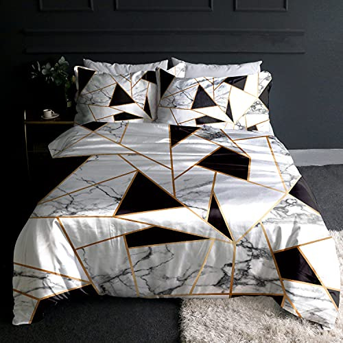 Blessliving Marble Satin Bed Cover Geometric Double Size Bedding Set White and Black 3 Pieces Elegant Faux Rose Gold Duvet Cover with 2 Pillowcases