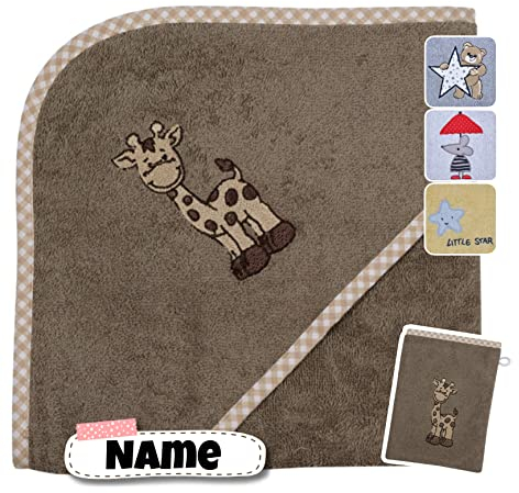 Stickling Kapuzenhandtuch Baby mit Waschlappen Set | Baby Badetuch 80 x 80 cm | personalisiert mit Name | Baby Handtuch mit Kapuze Bestickt | Baby Erstausstattung (Giraffe braun)