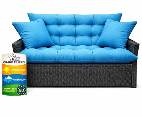 Filippo Sitzauflagen Gartenmöbel 120 x 50 x 60 cm Azurblau - Kissen Hollywoodschaukel mit Zwei Gartenkissen 45x45 cm - Beständig Gegen Schimmel – Handgefertigt Polster mit Befestigungsschnüre