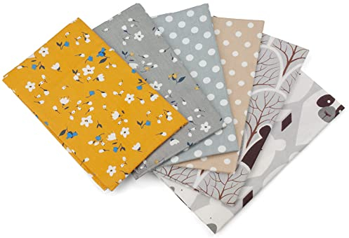 6 x Patchwork Stoffe aus Baumwolle, 50 x 40 cm, in grau, braun und gelb; Motiv: Blumen, Blätter, Tiere, Punkte