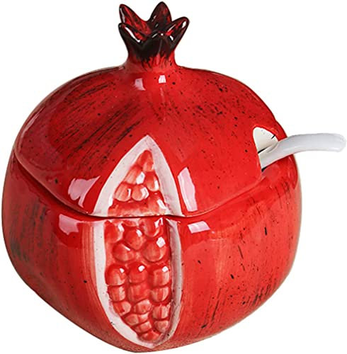 KEMAXI Sucrier en céramique en forme de fruit avec couvercle et cuillère - Pot à condiments - Rouge grenade