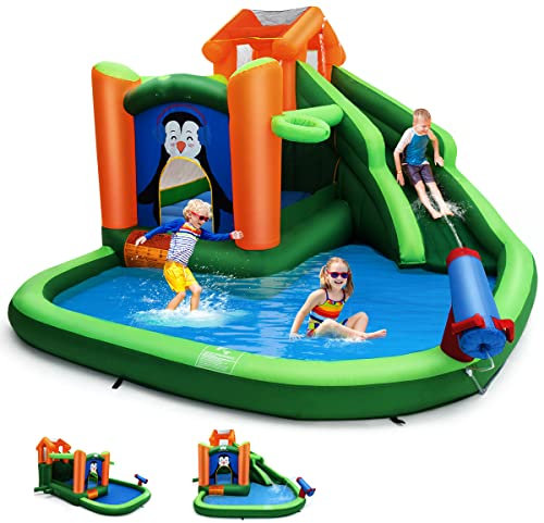 GOPLUS 6 en 1 Château Gonflable pour 3 Enfants 3-10 Ans Pingouins, Parc Aquatique Gonflable avec Toboggan,Trampoline,Pataugeoire, Panier Basket,Canon à Eau Jusqu'à 135KG (Vert, San Souffleur)