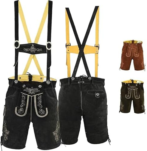 German Wear Kurze Trachtenlederhose Lederhosen mit Hosenträger (DE/NL/SE/PL, Numerisch, 44, Regular, Kurz, Schwarz)