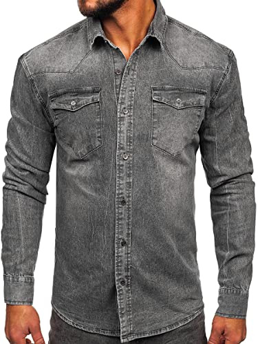 BOLF Hombre Camisa Vaquera de Manga Larga Cierre de Botones Cuello Americano Denim Jeans Camisa Tejana de Algodón Mezclilla Ocio Slim Fit Estilo Casual MC710G Grafito S [2B2]