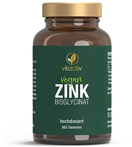 VITACTIV Zink 25 mg - Zink Tabletten mit Zinkbisglycinat - Für Immunsystem, Knochen, Haut, Haare, Nägel - Hochdosiert, Vegan, Hoch Bioverfügbar - Laborgeprüft, aus Deutschland - 365 Zinktabletten