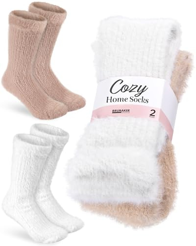 BRUBAKER 2 Paires de Chaussettes de Lit Moelleuses Beige Blanc - Chaussettes Douillettes Chaudes pour Femmes - Chaussettes d'Intérieur Douces et Respirantes - Chaussettes d'Hiver en Peluche - 39-42