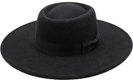 VASANA Black Classic Wide Brim Fedora Flat Top Hat with Bow Belt Jazz Hat Panama Hat Party Wedding Supplies Dress Up Accessories for Women Girl Autumn Winter Warm