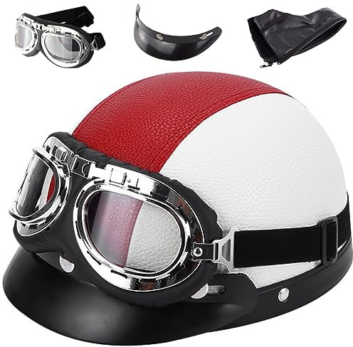 Casco Jet Vintage ,Mezzo Casco Moto Pelle D'epoca Con Occhiali Mezzo Jet Caschi Scodella Vintage Casco Moto Pelle Uomo Donna Motociclo Metà Aperto Faccia Casco Con Occhialoni ECE