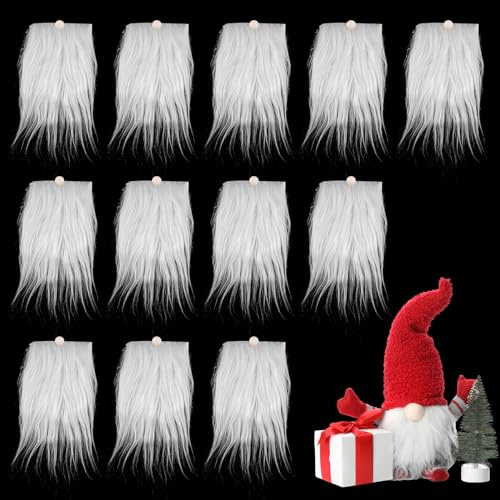 12 Stück Kunstfell zum Basteln, Langhaarplüsch Wichtelbart mit 12 Holzkugeln, Fell zum Basteln Weiß, Vorgestanzter Zwergenbart für DIY Gnome Weihnachtsschmuck
