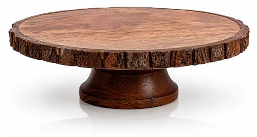 Wooden Cake Dessert Display Stand Cupcake Holder Snack Serving Dish Food Tray Platter Pedestal Cheese Board For Table, Birthday Wedding Parties, Rustic Farmhouse With Natural Bark Edges, 30 cms Round