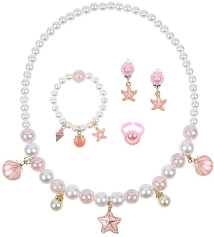 OSDUE Rosa Muschel Schmuckset Mädchen, Rosa Kristallschmuck, Muschel Kinderschmuck Enthalten Halskette, Ringe, Armbänder, Ohrring, Kinderschmuck Set für Party Geschenk