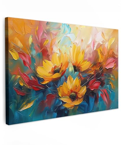 MuchoWow© Leinwand Deko Schlafzimmer Aesthetic Leinwandbilder Wohnzimmer | 60x40 cm - Gemälde Foto Geschenk Living Room Decoration Blumen - Dahlie - Kunst - Orange - Aquarell