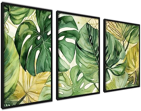 3er Set Poster 50x70cm Mit Rahmen Schwarz Wanddeko Wohnzimmer Schlafzimmer | Modern Grüne Monstera Gemälde Bild Blätter Aquarell Wanddekoration, Ideal als Geschenk, Modernes Design, Hochwertige Qualität